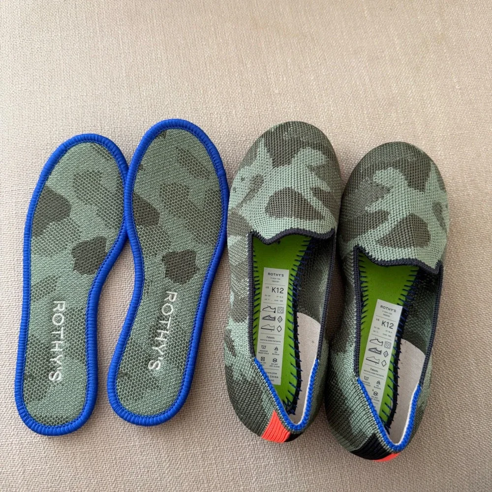 Rothys Kids Loafers Green Camo Knit‎ Slip On Shoes Size K12 004-102